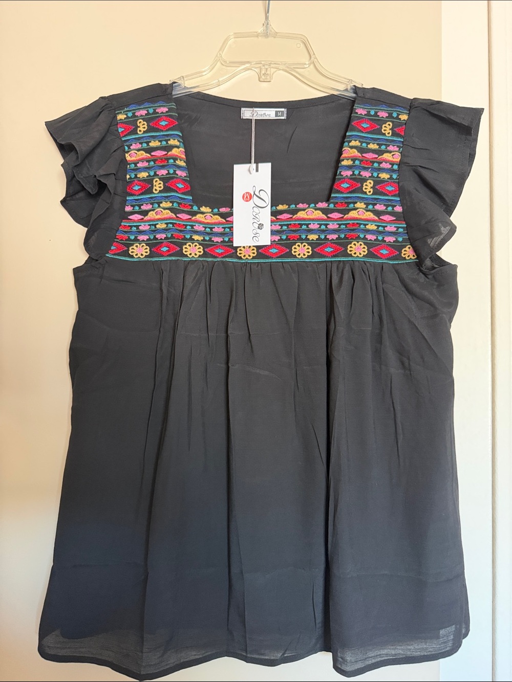 Boho Embroidered Scoop-Neck Women's Top - Black. Medium